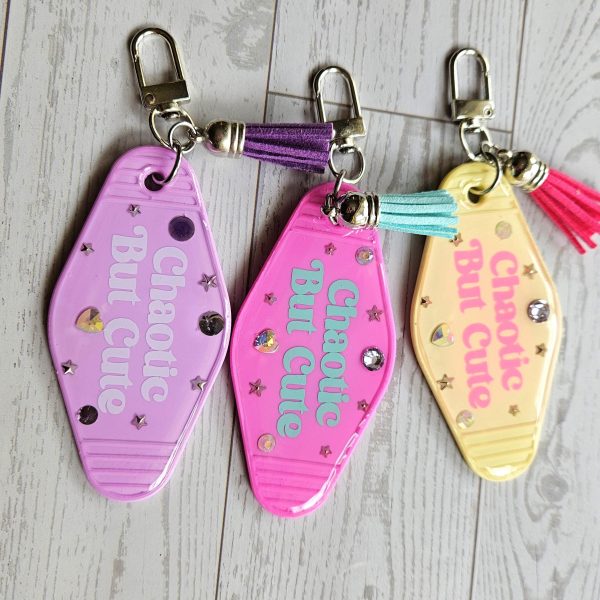 Chaotic Retro Motel Keychain | Rhinestone Accents, Y2K Bag Charm – Keychains – Handmade by ShesSoCrafty Goods