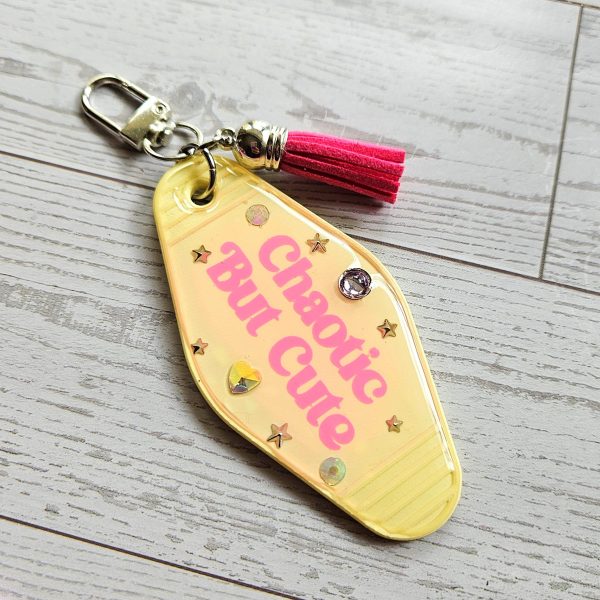 Chaotic Retro Motel Keychain | Rhinestone Accents, Y2K Bag Charm – Keychains – Handmade by ShesSoCrafty Goods