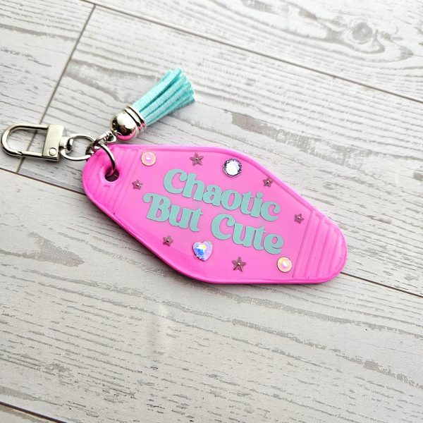 Chaotic Retro Motel Keychain | Rhinestone Accents, Y2K Bag Charm – Keychains – Handmade by ShesSoCrafty Goods