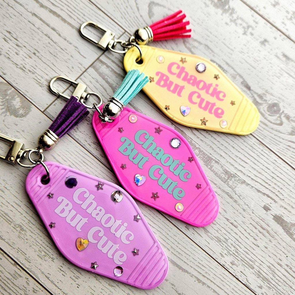 Loud Color. Louder Statements. - ShesSoCrafty Goods Chaotic Retro Motel Keychain | Rhinestone Accents, Y2K Bag Charm – Keychains – Handmade by ShesSoCrafty Goods