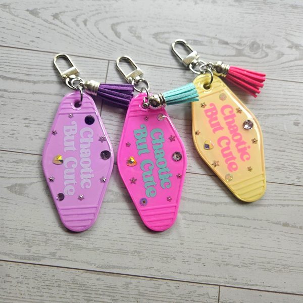 Chaotic Retro Motel Keychain | Rhinestone Accents, Y2K Bag Charm – Keychains – Handmade by ShesSoCrafty Goods