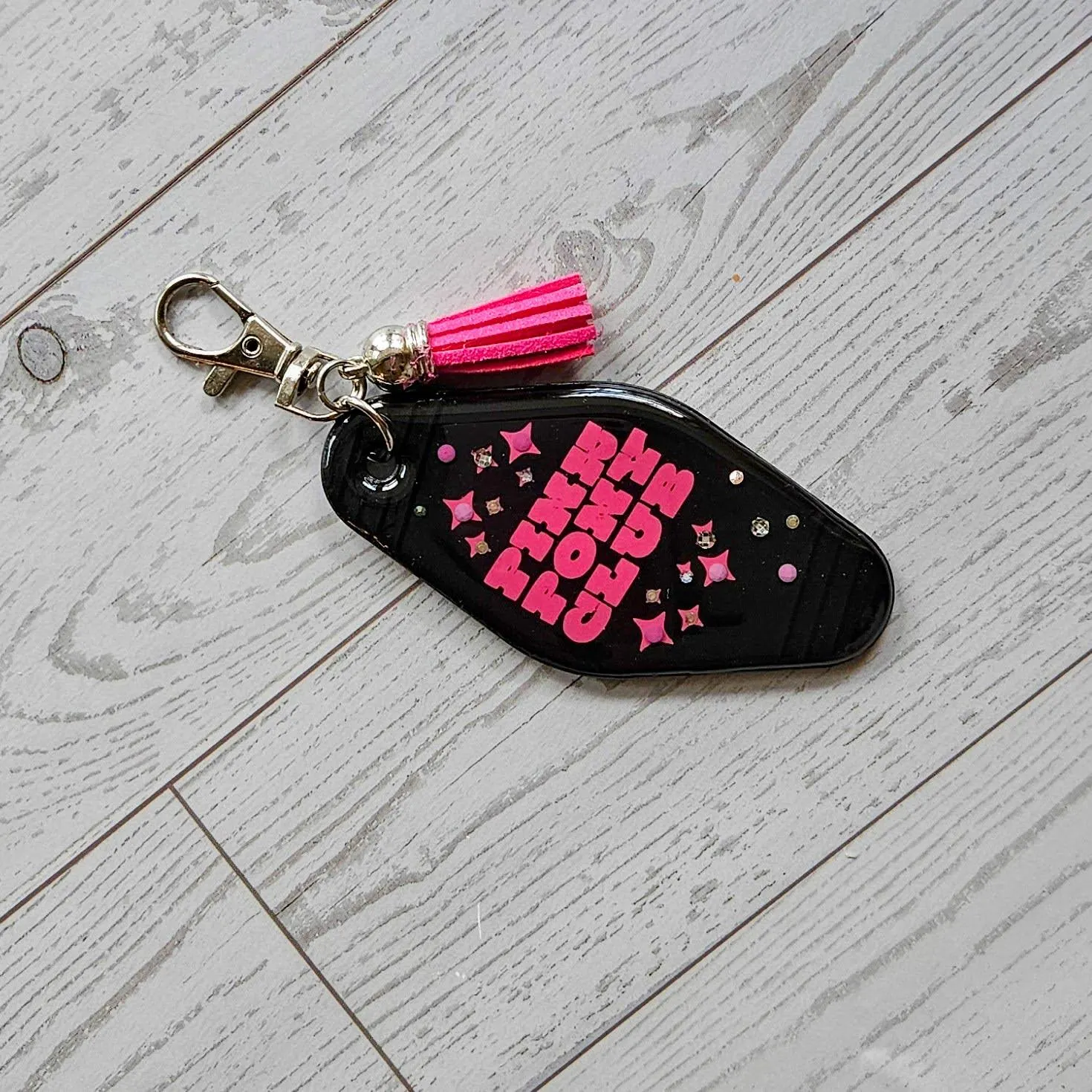 Pink Pony Club Motel Keychain with Crystals — Black Pink Rhinestone Bag Charm Pink Pony Club Motel Keychain with Crystals — Black Pink Rhinestone Bag Charm – Keychains – Handmade by ShesSoCrafty Goods