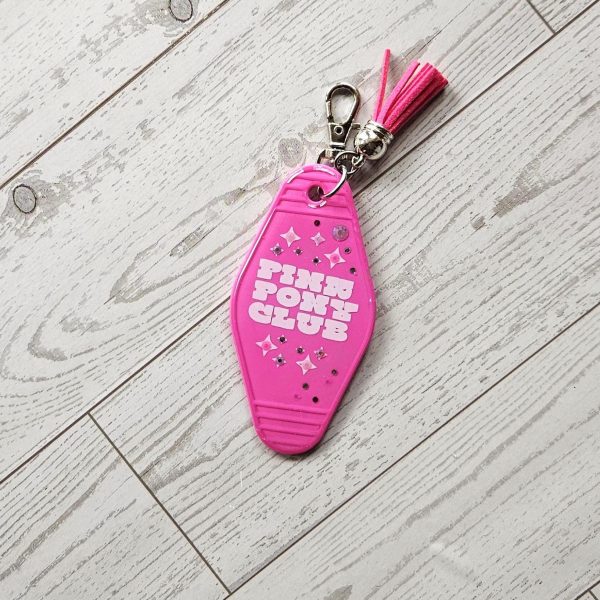 il_fullxfull.7867738090_qvjt Pink Pony Club Motel Keychain — White Pink Rhinestone Tassel Bag Charm – Keychains – Handmade by ShesSoCrafty Goods