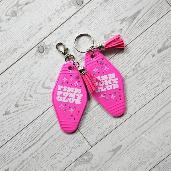 il_fullxfull.7867755040_xyb3 Pink Pony Club Motel Keychain — White Pink Rhinestone Tassel Bag Charm – Keychains – Handmade by ShesSoCrafty Goods