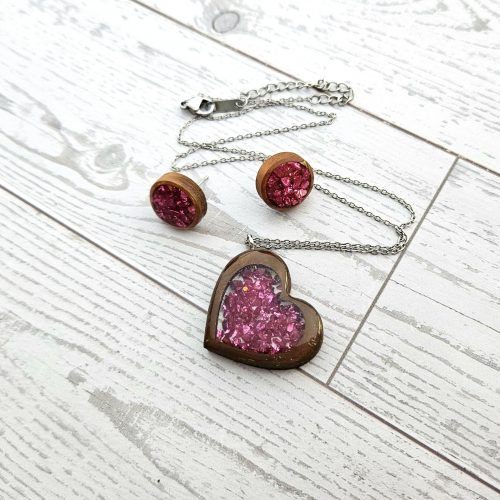 Hot Pink Wood Resin Heart Necklace and Earring Set | Handmade Jewelry – Jewelry – Handmade by ShesSoCrafty Goods