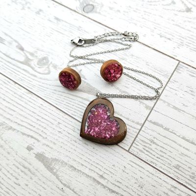 Hot Pink Wood Resin Heart Necklace and Earring Set | Handmade Jewelry – Jewelry – Handmade by ShesSoCrafty Goods