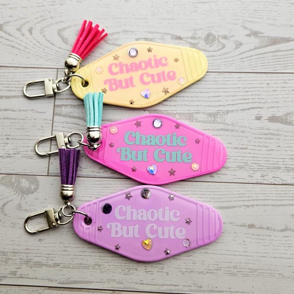 Chaotic Retro Motel Keychain | Rhinestone Accents, Y2K Bag Charm – Keychains – Handmade by ShesSoCrafty Goods