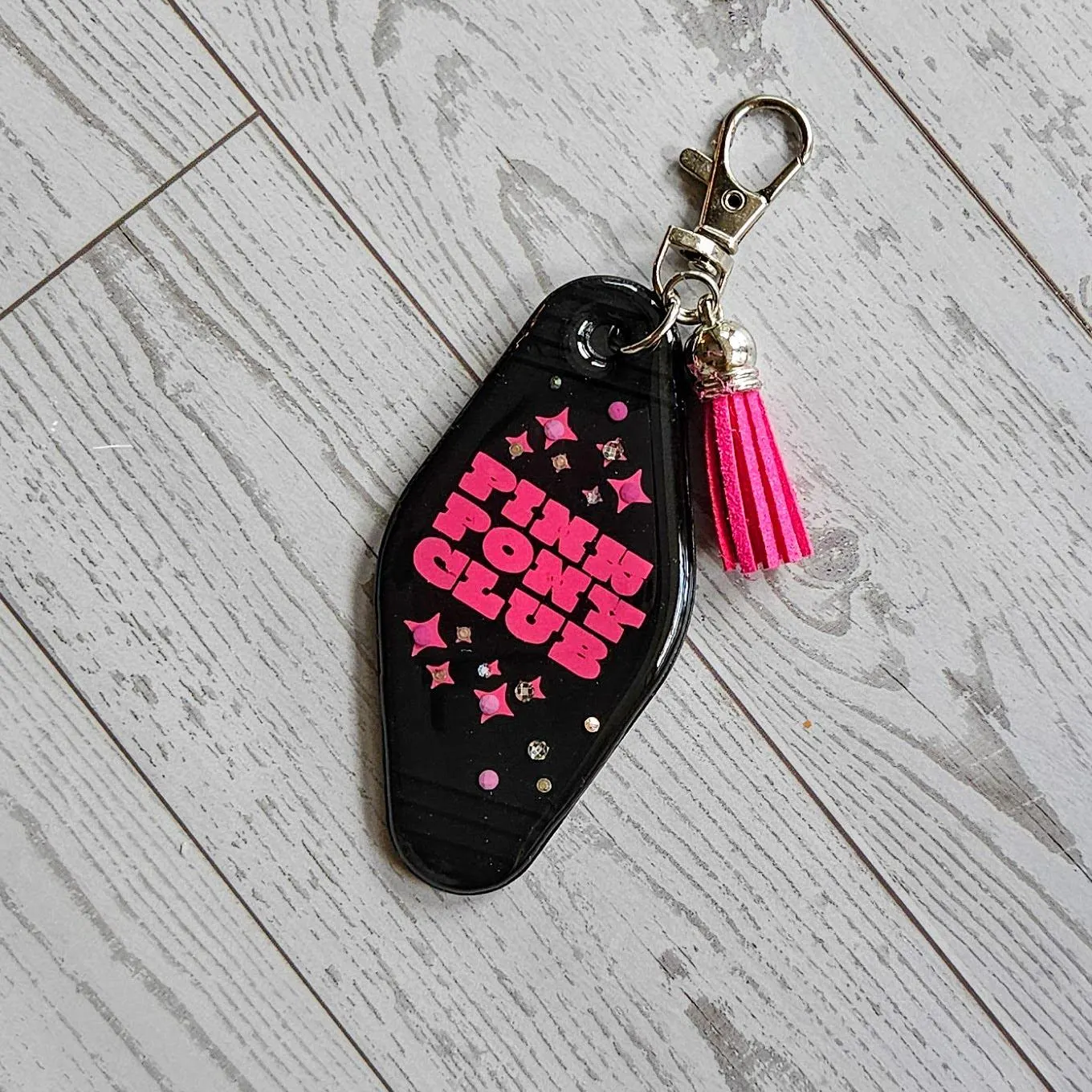 Pink Pony Club Motel Keychain with Crystals — Black Pink Rhinestone Bag Charm Pink Pony Club Motel Keychain with Crystals — Black Pink Rhinestone Bag Charm – Keychains – Handmade by ShesSoCrafty Goods
