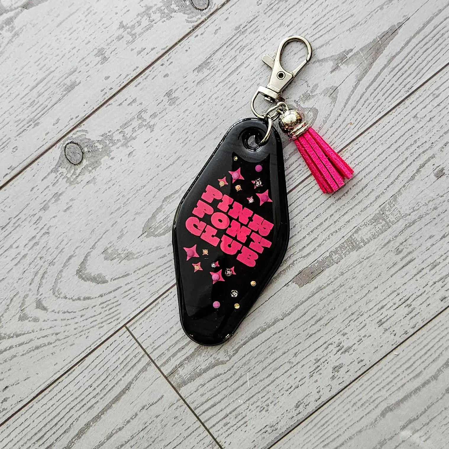 Pink Pony Club Motel Keychain with Crystals — Black Pink Rhinestone Bag Charm Pink Pony Club Motel Keychain with Crystals — Black Pink Rhinestone Bag Charm – Keychains – Handmade by ShesSoCrafty Goods
