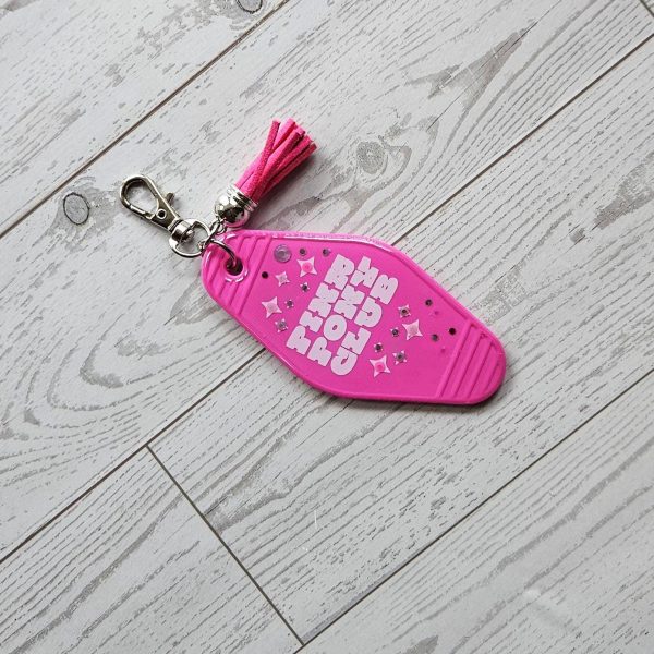 il_fullxfull.7915695983_cv0l Pink Pony Club Motel Keychain — White Pink Rhinestone Tassel Bag Charm – Keychains – Handmade by ShesSoCrafty Goods