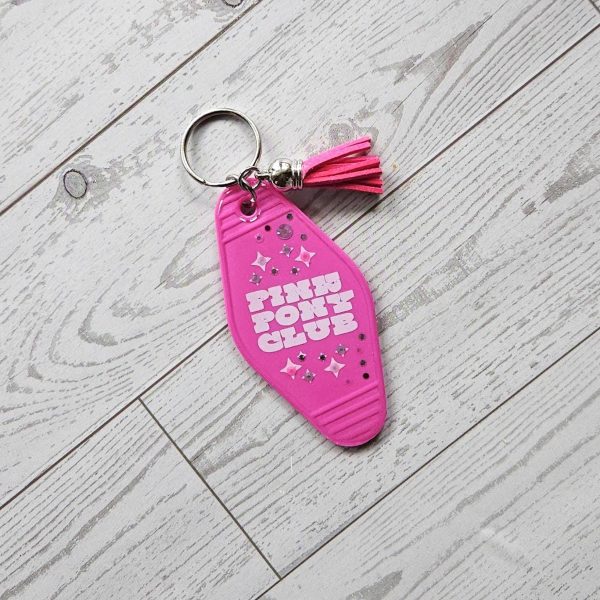 il_fullxfull.7915702117_eflg Pink Pony Club Motel Keychain — White Pink Rhinestone Tassel Bag Charm – Keychains – Handmade by ShesSoCrafty Goods