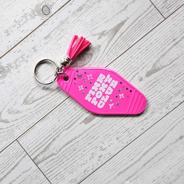 il_fullxfull.7915707817_1eyl Pink Pony Club Motel Keychain — White Pink Rhinestone Tassel Bag Charm – Keychains – Handmade by ShesSoCrafty Goods