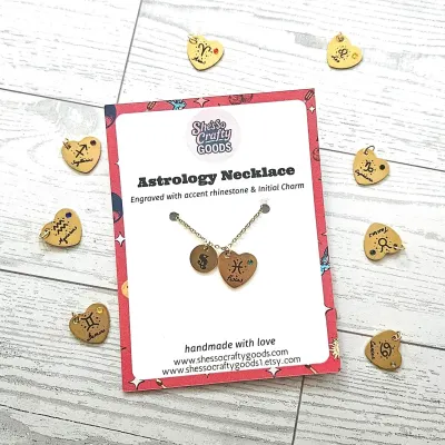 Zodiac Heart Necklace, Initial & Birthstone Charm, Personalized Astrology Pendant – Jewelry – Handmade by ShesSoCrafty Goods