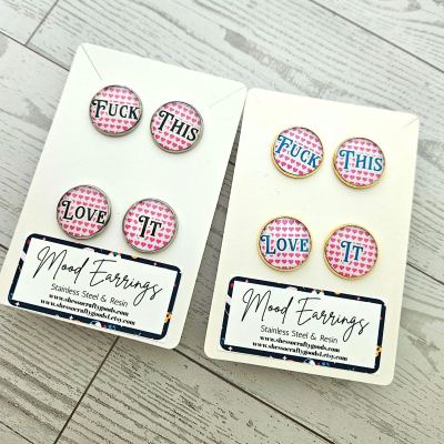 Fuck This Love It Stud Earrings, Conversation Heart Swear Word Set – Earrings – Handmade by ShesSoCrafty Goods
