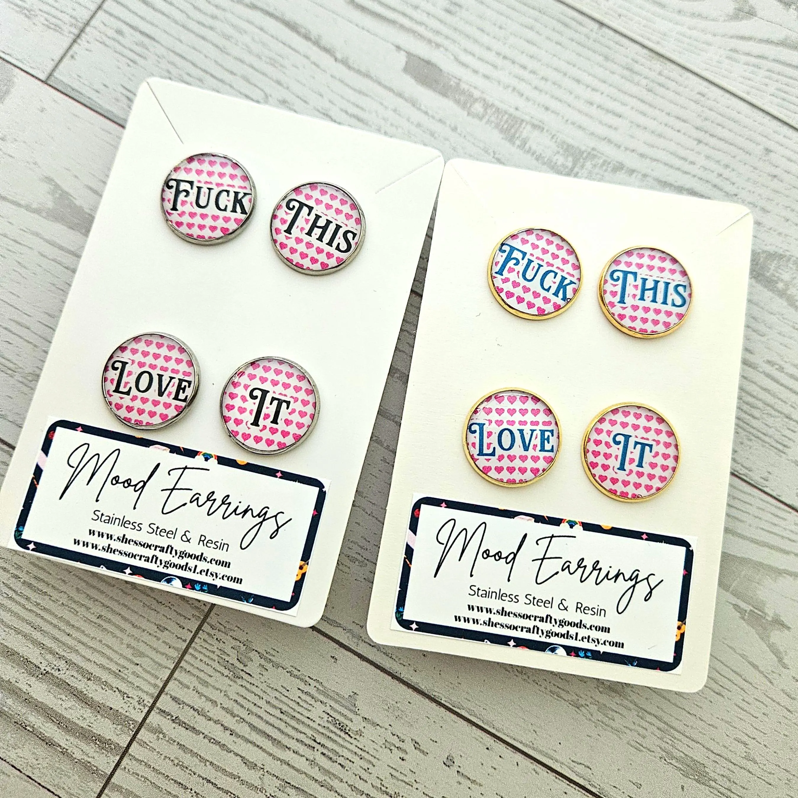 Fuck This Love It Stud Earrings, Conversation Heart Swear Word Set – Earrings – Handmade by ShesSoCrafty Goods