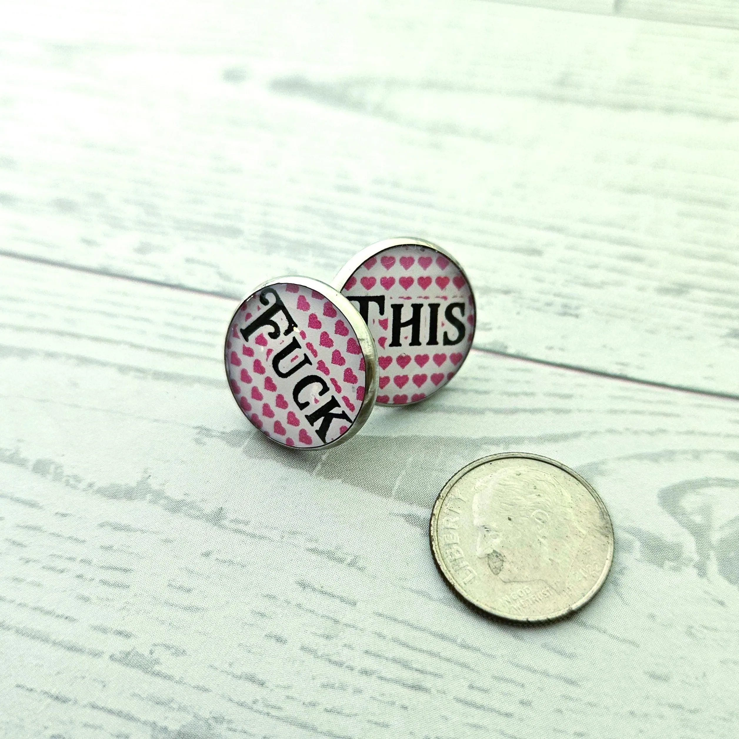 Fuck This Love It Stud Earrings, Conversation Heart Swear Word Set – Earrings – Handmade by ShesSoCrafty Goods