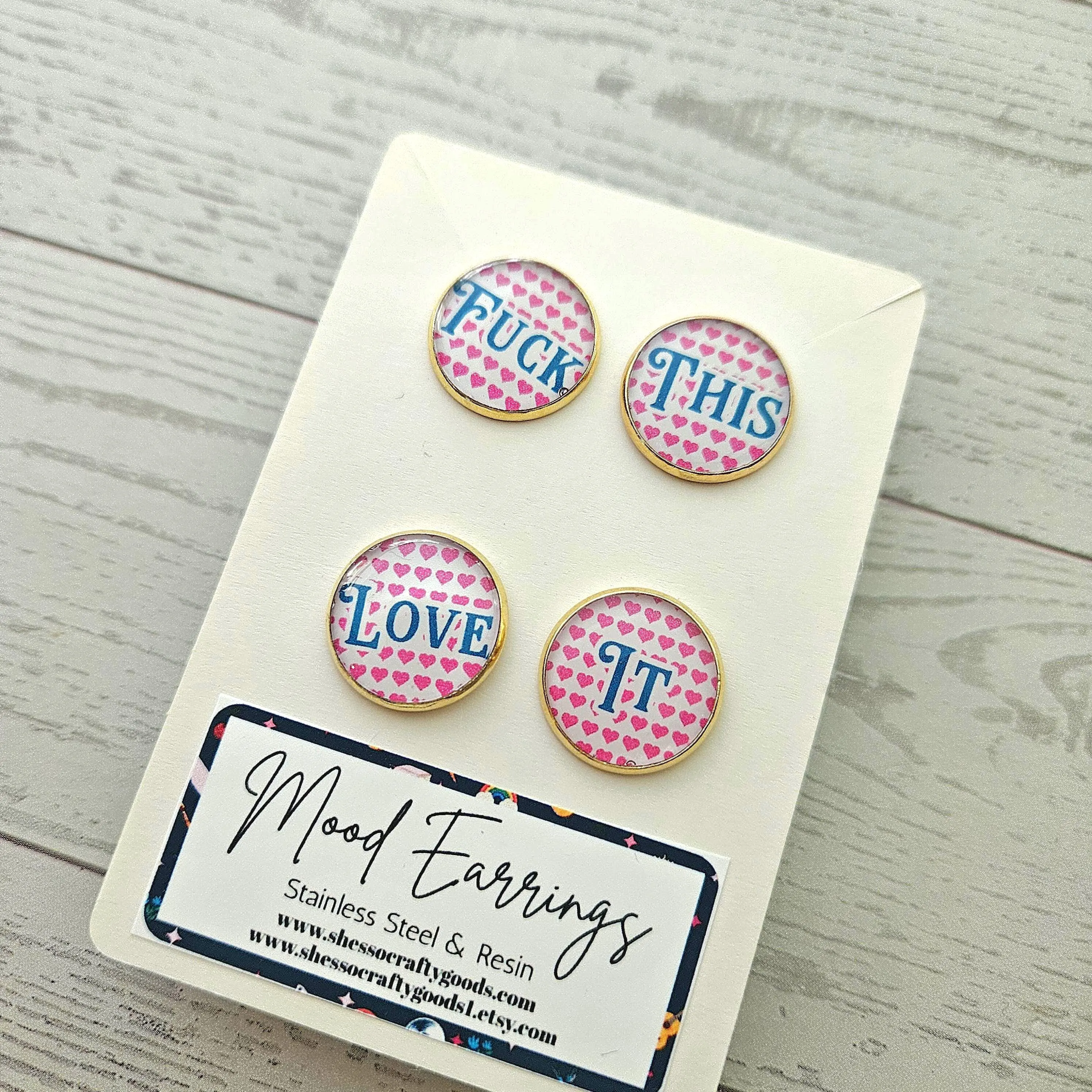 Fuck This Love It Stud Earrings, Conversation Heart Swear Word Set – Earrings – Handmade by ShesSoCrafty Goods
