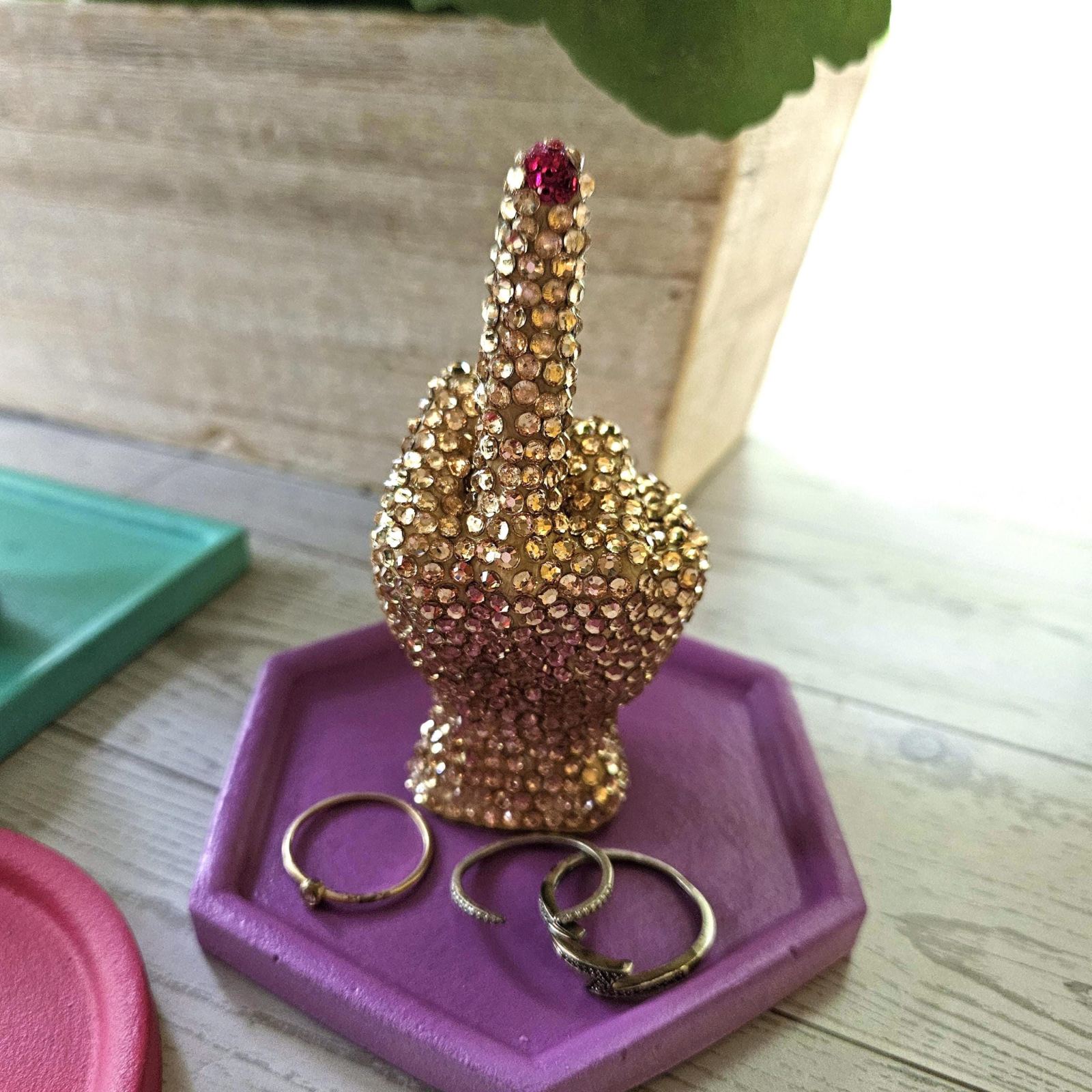 Bedazzled Middle Finger Statue, Rhinestone Resin Figurine Ring Holder Bedazzled Middle Finger Statue, Rhinestone Resin Figurine Ring Holder – Home Decor – Handmade by ShesSoCrafty Goods