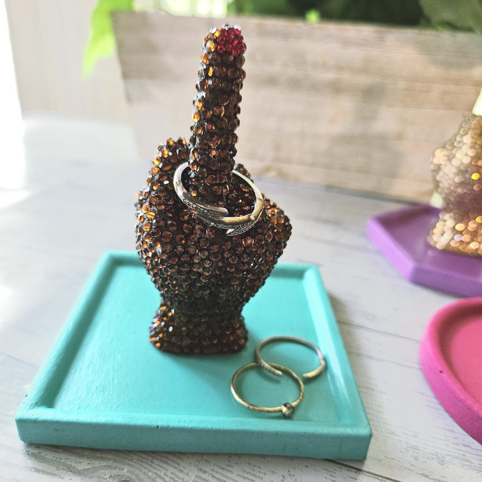 Bedazzled Middle Finger Statue, Rhinestone Resin Figurine Ring Holder Bedazzled Middle Finger Statue, Rhinestone Resin Figurine Ring Holder – Home Decor – Handmade by ShesSoCrafty Goods