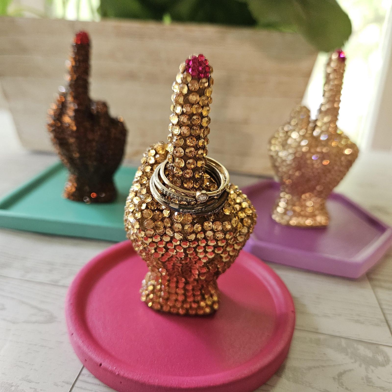 Bedazzled Middle Finger Statue, Rhinestone Resin Figurine Ring Holder Bedazzled Middle Finger Statue, Rhinestone Resin Figurine Ring Holder – Home Decor – Handmade by ShesSoCrafty Goods