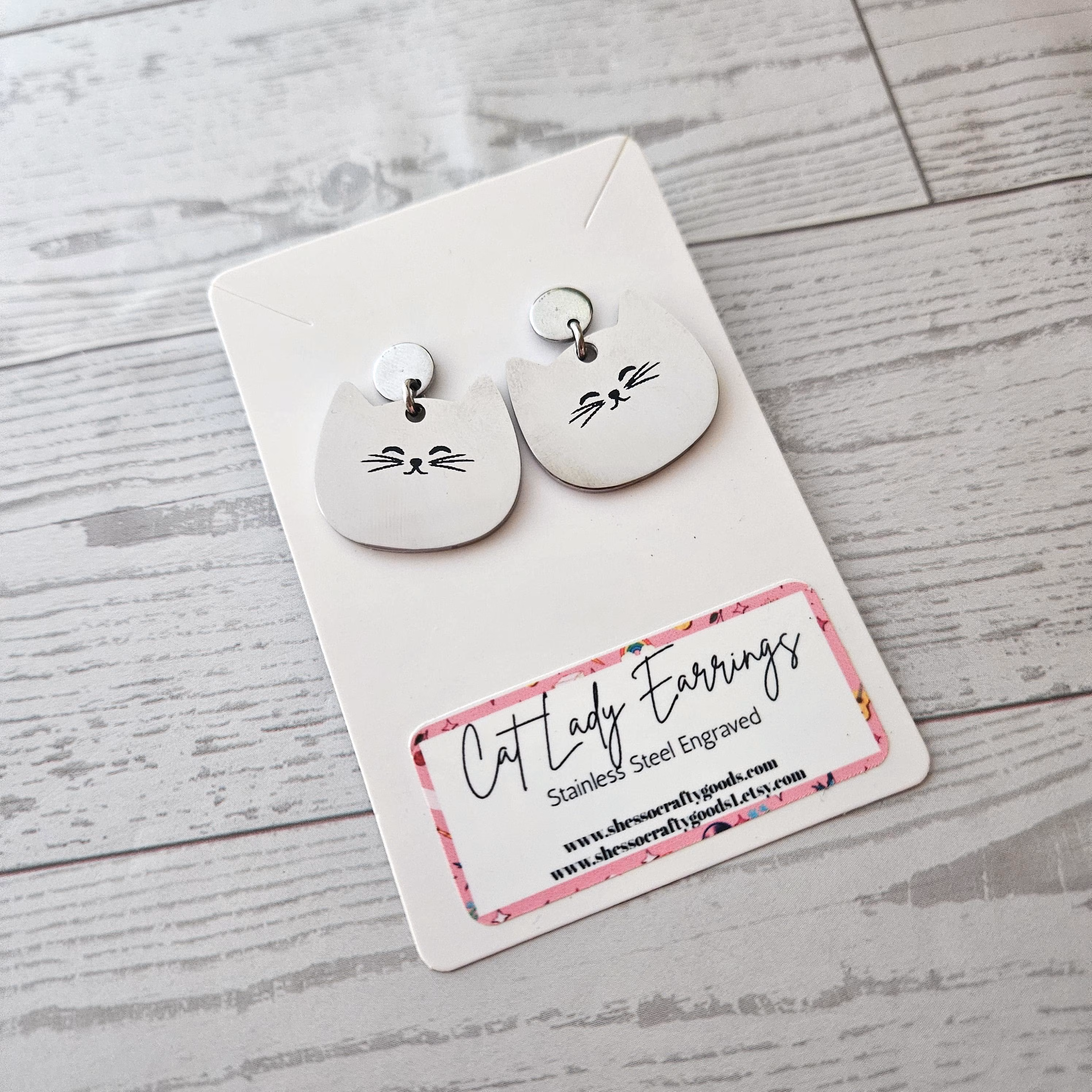 il_fullxfull.8405374086_pc6y Minimalist Cat Face Earrings, Stainless Steel Cat Lady Dangle Studs – Earrings – Handmade by ShesSoCrafty Goods