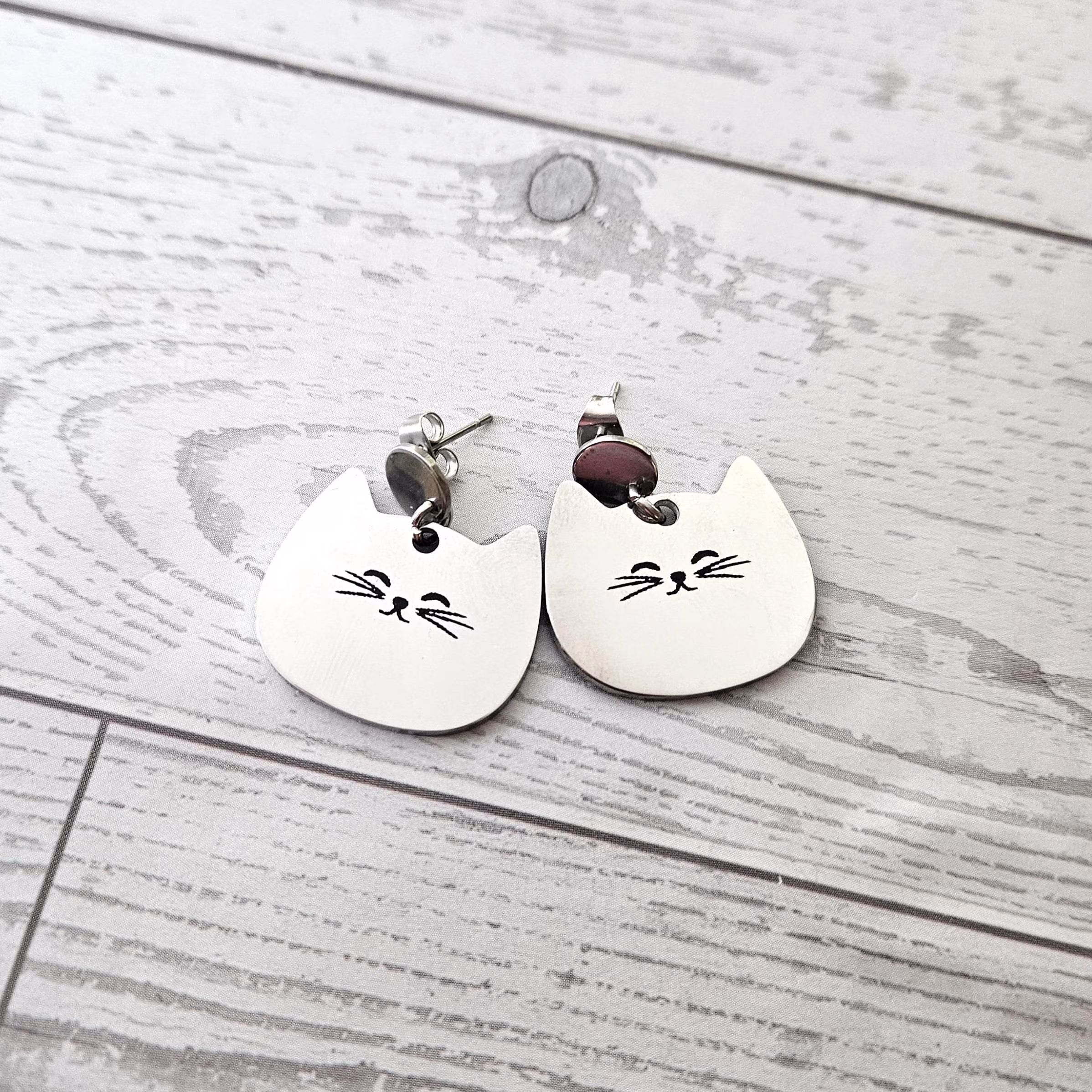 il_fullxfull.8405379810_5oh5 Minimalist Cat Face Earrings, Stainless Steel Cat Lady Dangle Studs – Earrings – Handmade by ShesSoCrafty Goods