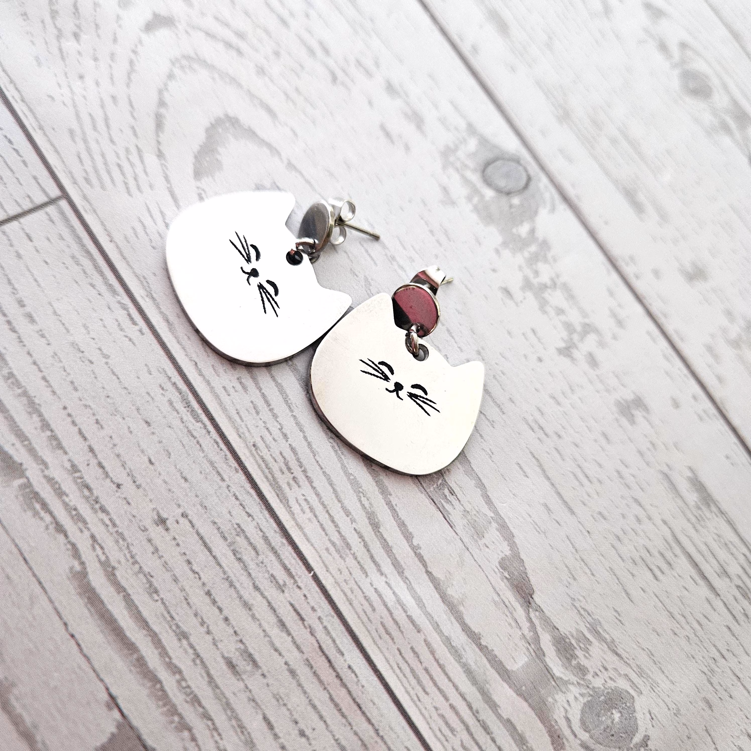 il_fullxfull.8405382382_9vt8 Minimalist Cat Face Earrings, Stainless Steel Cat Lady Dangle Studs – Earrings – Handmade by ShesSoCrafty Goods