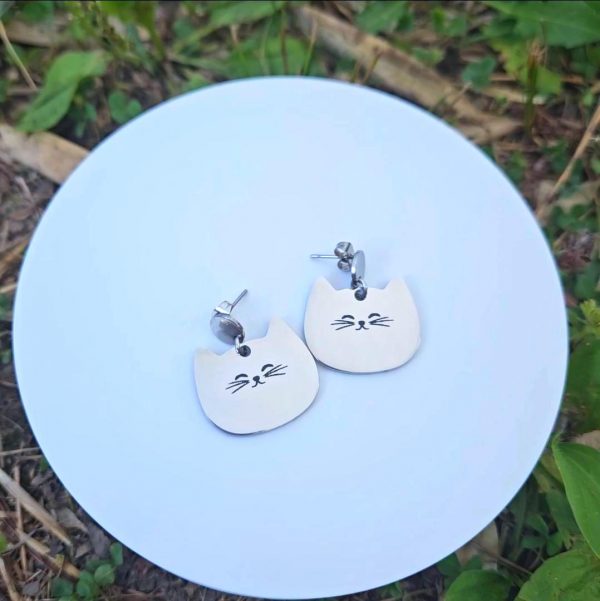 il_fullxfull.8405399788_spii Minimalist Cat Face Earrings, Stainless Steel Cat Lady Dangle Studs – Earrings – Handmade by ShesSoCrafty Goods