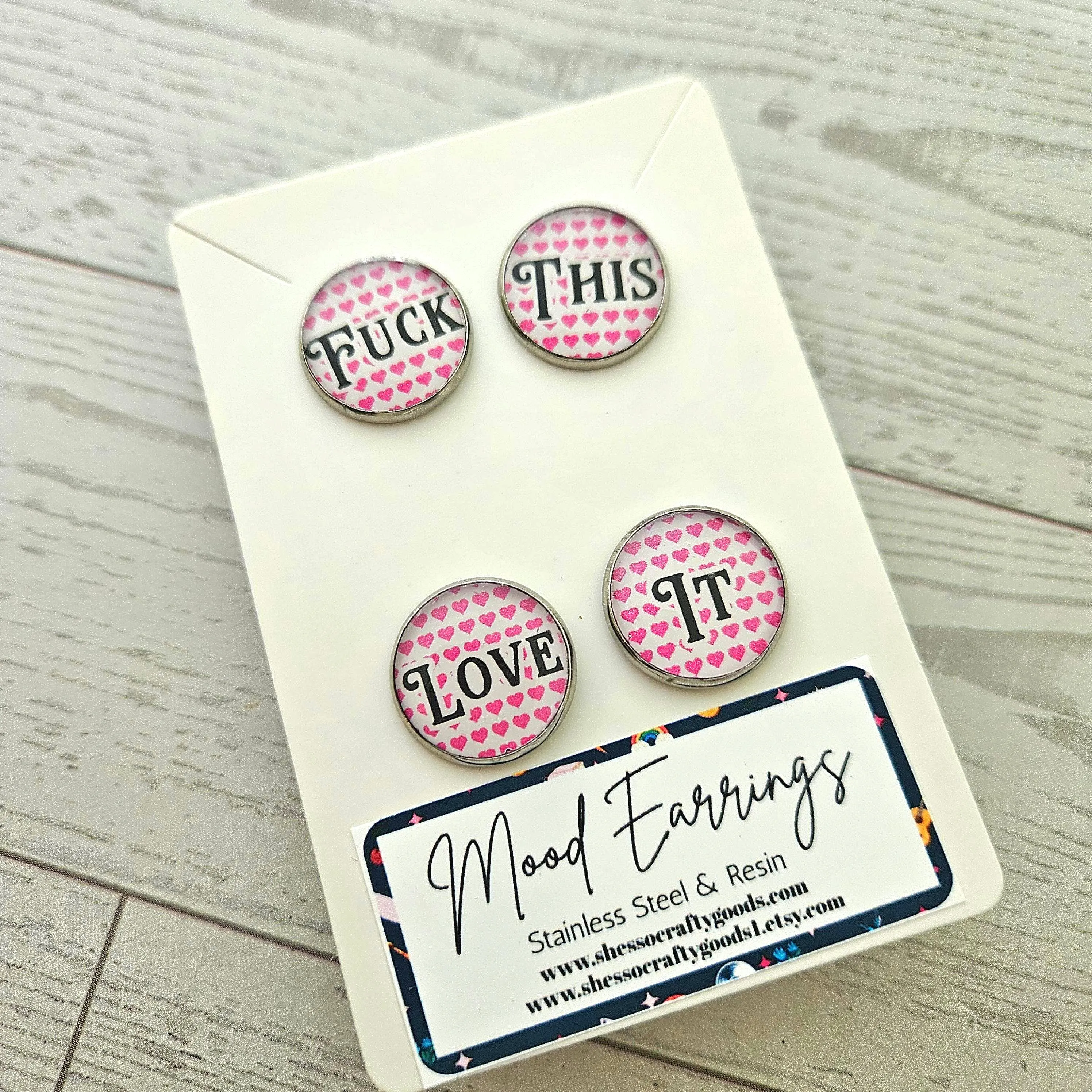 Fuck This Love It Stud Earrings, Conversation Heart Swear Word Set – Earrings – Handmade by ShesSoCrafty Goods