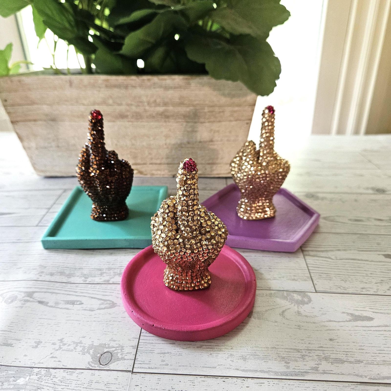 Bedazzled Middle Finger Statue, Rhinestone Resin Figurine Ring Holder Bedazzled Middle Finger Statue, Rhinestone Resin Figurine Ring Holder – Home Decor – Handmade by ShesSoCrafty Goods