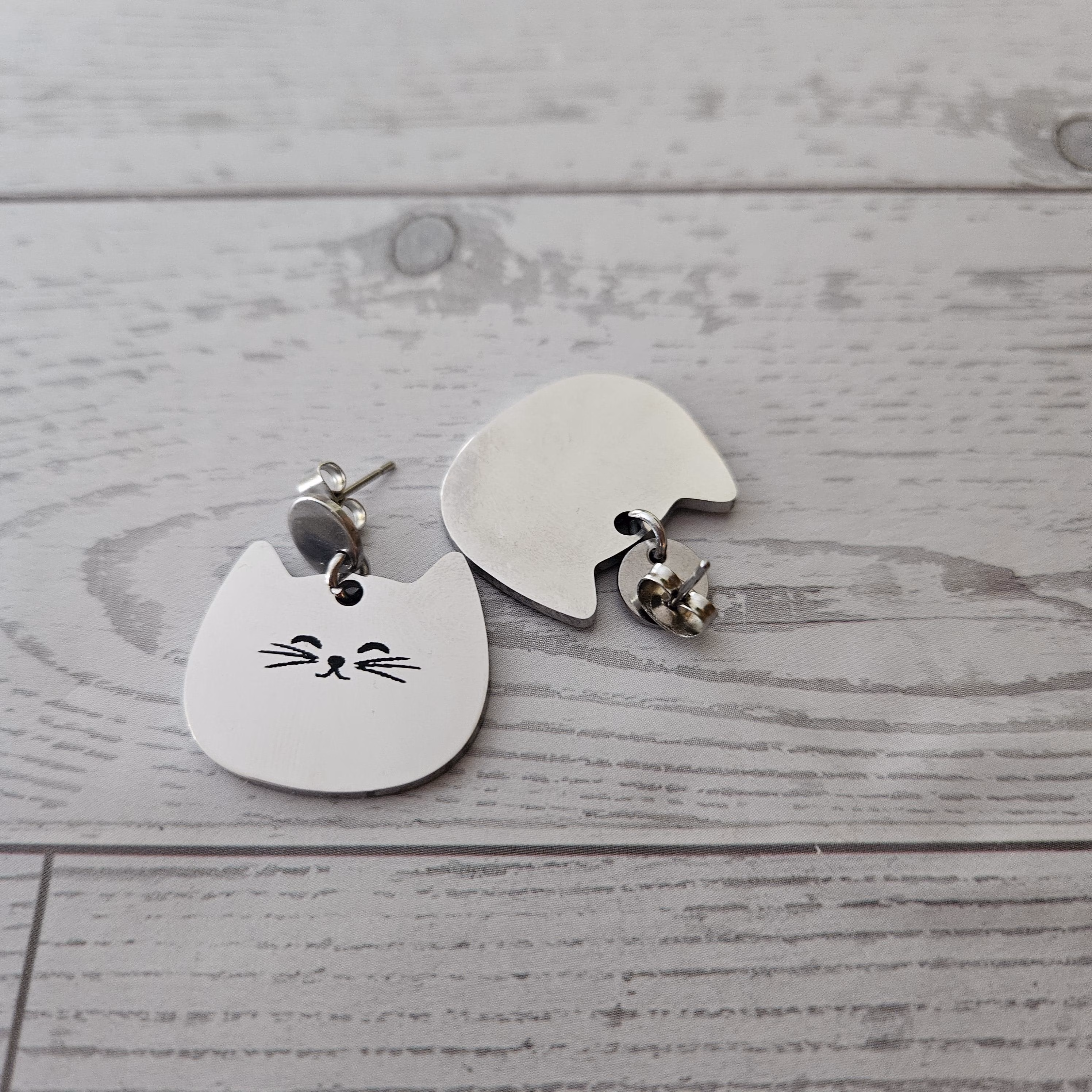 il_fullxfull.8453254005_4l01 Minimalist Cat Face Earrings, Stainless Steel Cat Lady Dangle Studs – Earrings – Handmade by ShesSoCrafty Goods
