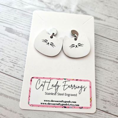 Minimalist Cat Face Earrings, Stainless Steel Cat Lady Dangle Studs – Earrings – Handmade by ShesSoCrafty Goods