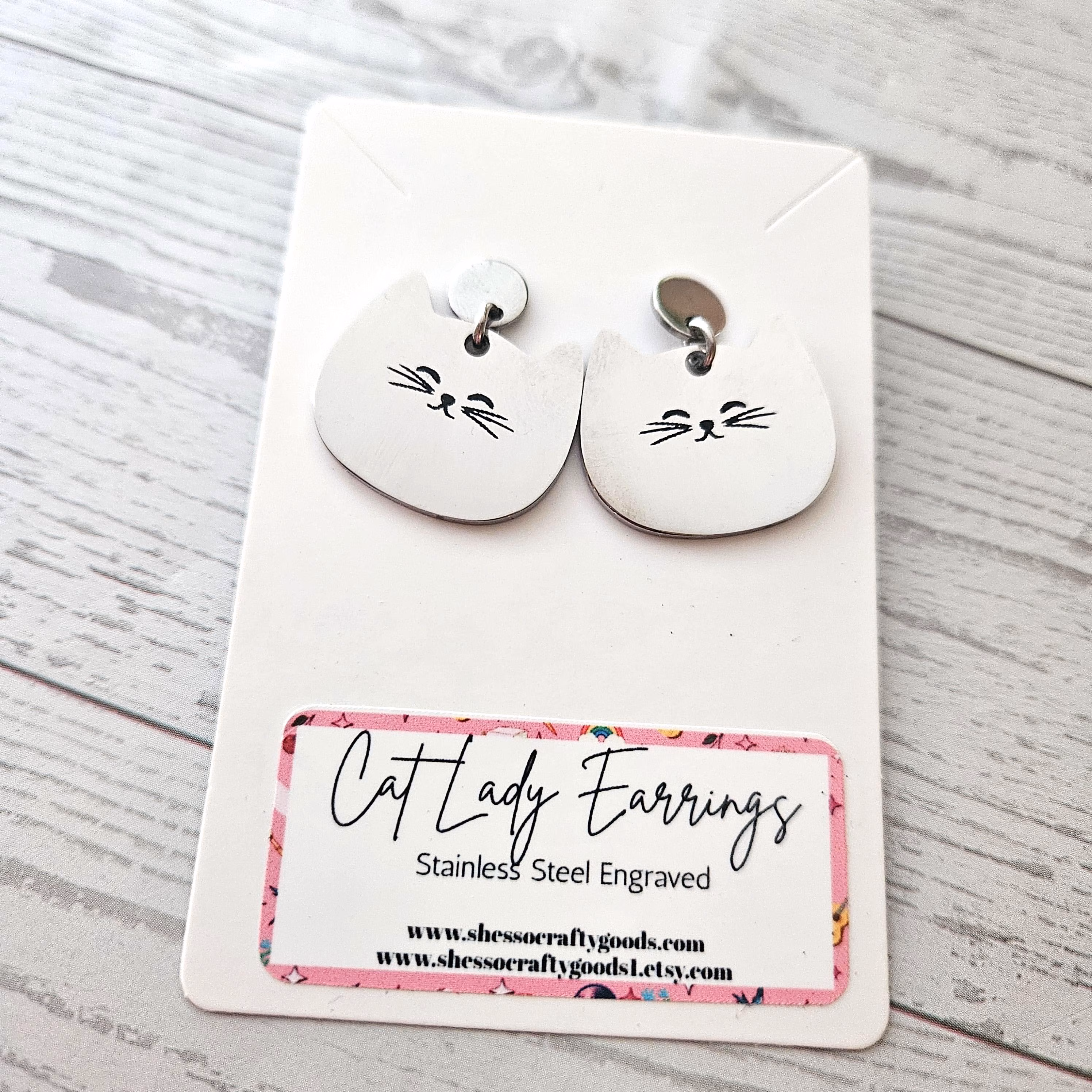 Minimalist Cat Face Earrings, Stainless Steel Cat Lady Dangle Studs – Earrings – Handmade by ShesSoCrafty Goods