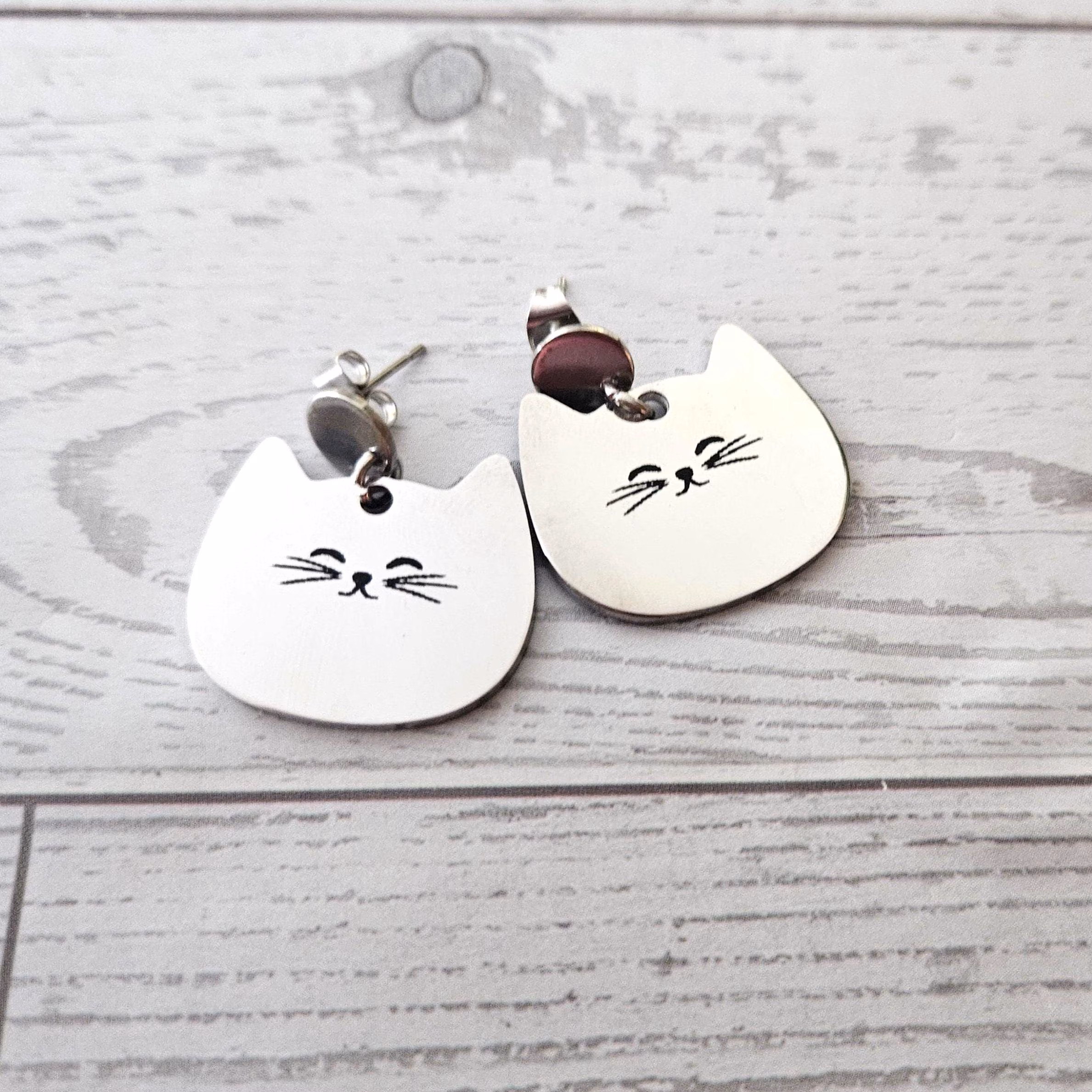 il_fullxfull.8453265447_qakd Minimalist Cat Face Earrings, Stainless Steel Cat Lady Dangle Studs – Earrings – Handmade by ShesSoCrafty Goods